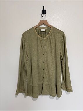 WRAP London 100% Linen Button Down Peplum Long Sleeve Shirt Green 16